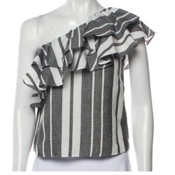 MISA LOS ANGELES TOP GRAY WHITE KLEA STRIPES RUFFLES ONE SHOULDER CHIC Sz S - Picture 6 of 10